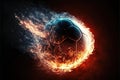 A soccer ball frying through the air with blazing fire trail on background. Generative AI