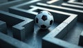 Soccer ball in geometric maze. Pathfinding challenge, abstract strategy game. Finding direction through complex puzzle. Goal, Royalty Free Stock Photo