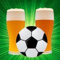 Soccer ball and glasses of beer on a bright green background with rays of light. Football concept. Sport bar banner