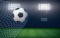 Soccer ball in goal. Football ball and white net in soccer field stadium background. Vector Royalty Free Stock Photo