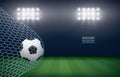 Soccer ball in goal. Football ball and white net in soccer field stadium background. Vector Royalty Free Stock Photo