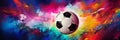 Soccer Ball in Goal on Multicolor Background - generative ai Royalty Free Stock Photo