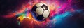 Soccer Ball in Goal on Multicolor Background - generative ai Royalty Free Stock Photo