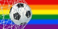 Soccer ball in goal net, rainbow color background, close up. LGBT football sport event. 3d render Royalty Free Stock Photo