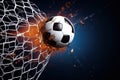 Soccer ball in goal net. Soccer ball tearing and breaking football net. Royalty Free Stock Photo