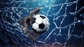 Soccer ball in goal net. Soccer ball tearing and breaking football net. Royalty Free Stock Photo