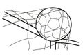 Soccer ball in the goal net. Vector black illustration on white white background Royalty Free Stock Photo