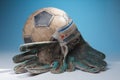 Soccer ball and goalkeepers gloves Royalty Free Stock Photo