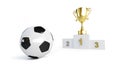 Soccer ball, gold cup on the pedestal on a white background 3D illustration, 3D rendering