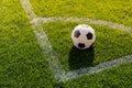 Soccer ball on grass in corner kick position Royalty Free Stock Photo