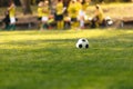 Soccer Ball on Grass Field. Classic Old-school White and Black Soccer Ball Lying Football Pitch