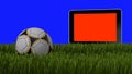 Soccer Ball on the Grass and Scoreboard Popping Out on a Blue Screen Background