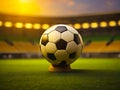 Soccer ball on the grass of a soccer field in golden sunset light. generative AI Royalty Free Stock Photo