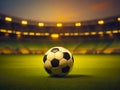 Soccer ball on the grass of a soccer field in golden sunset light. generative AI Royalty Free Stock Photo