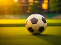 Soccer ball on the grass of a soccer field in golden sunset light. generative AI Royalty Free Stock Photo