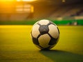 Soccer ball on the grass of a soccer field in golden sunset light. generative AI Royalty Free Stock Photo