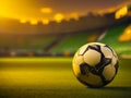 Soccer ball on the grass of a soccer field in golden sunset light. generative AI Royalty Free Stock Photo