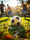 Soccer ball on a grassy field with players silhouettes and autumn leaves, lit by a soft sunset. Royalty Free Stock Photo