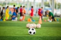 Soccer ball on green artificial turf with blurry soccer team training Royalty Free Stock Photo