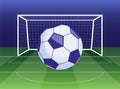 Soccer ball on green field in front of goal post. Football ball against sport stadium. Vector illustration Royalty Free Stock Photo