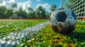 Soccer ball on the green field of stadium with lights and flashes