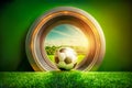 A soccer ball on the green grass against the background of a sunset landscape Royalty Free Stock Photo