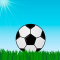 Soccer ball on the green grass. Blue sky and sun. Football concept. Sport vector illustration. Summer sunny day. Healthy life and Royalty Free Stock Photo