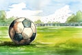 A soccer ball on the green grass of a football field on a sunny summer day Royalty Free Stock Photo