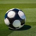 Soccer ball on the green grass of the stadium. Close-up Royalty Free Stock Photo