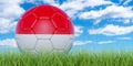 Soccer ball with Indonesian, Monacan flag on the green grass against blue sky, 3D rendering