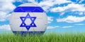 Soccer ball with Israeli flag on the green grass against blue sky, 3D rendering