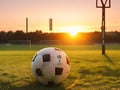 Soccer ball at the kickoff of a game with sunset on a meadow Royalty Free Stock Photo