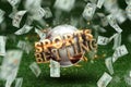 Soccer ball on the lawn and the inscription sports betting. Creative background, gambling Royalty Free Stock Photo