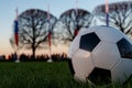 The soccer ball lies on the grass. In the background you can see a lot of Russian flags Royalty Free Stock Photo