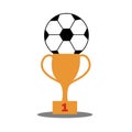 Soccer ball with medal and championship winner cup. Football game attributes for postcard, logo or design. Flat illustration