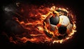 a soccer ball in the middle of a fire filled field