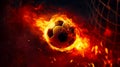 Soccer ball is in the middle of fire filled field of flames. Generative AI Royalty Free Stock Photo