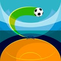 Soccer ball in motion, flying over field towards goal. Dynamics, action. Promotional image for soccer tournament Royalty Free Stock Photo