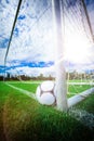 Soccer ball near a goal post Royalty Free Stock Photo