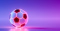 Soccer ball with neon futuristic lights on purple shiny background. 3d render