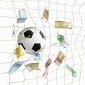 Soccer ball in the net with euro banknotes Royalty Free Stock Photo