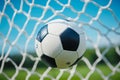 A soccer ball in the net of a soccer field Royalty Free Stock Photo