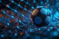 Soccer Ball in Netting with Glittering Particle Effect, Dark Background, Dramatic Lighting