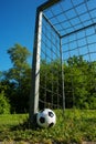 Soccer ball is next to the pole of a goal with chains, football for kids