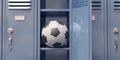 Soccer ball in an open Gym locker. Football athletes change room, close up Royalty Free Stock Photo