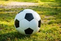 Soccer ball on penalty spot in natural football ground