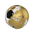 Soccer ball with planet earth globe concept isolated on white background. Football ball with gold metal continents. Royalty Free Stock Photo