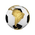 Soccer ball with planet earth globe concept isolated on white background. Football ball with gold metal continents. Royalty Free Stock Photo