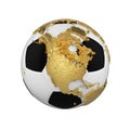 Soccer ball with planet earth globe concept isolated on white background. Football ball with gold metal continents. Royalty Free Stock Photo