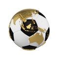 Soccer ball with planet earth globe concept isolated on white background. Football ball with gold metal continents. Royalty Free Stock Photo